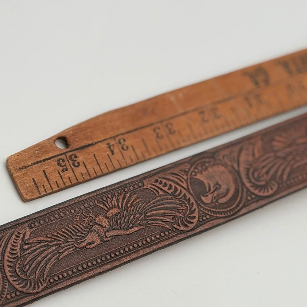 Vintage Western Brown Tooled Leather Belt Eagle Phoenix Embossed Silver Buckle